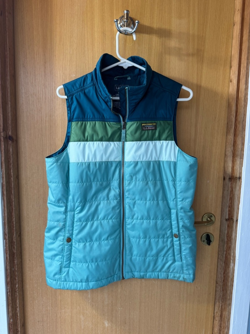 L.L. Bean Quilted Colorblock Kids Vest in Teal, Navy, Green, and White